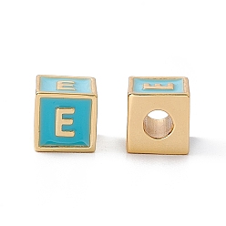 Letter E Стойки покрытие латунь эмаль бисер, без кадмия, без никеля и без свинца, реальный 18 k позолоченный, куб с письмом, голубой, letter.e, 6x6x6 мм, отверстие : 2.5 мм