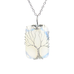 Opalite Opalite Pendant Necklace with Brass Cable Chains, Rectangle with Tree, 20.47 inch(52cm)