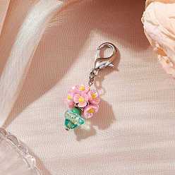 Бледно-Розовый Подвесные украшения из смолы и стеклянных бусин, Сплав с застежками когтя омара, цветочный горшок, розовый жемчуг, 40 мм