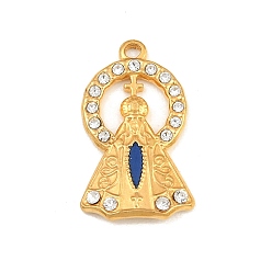 Golden 304 Stainless Steel Enamel Pendants, Nossa Senhora Aparecida, with Rhinestone, Golden, 24x14.5x2.5mm, Hole: 1.5mm