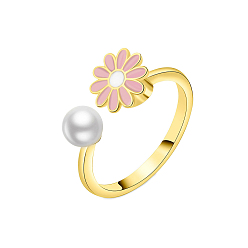 Pink Daisy Rotatable Cuff Ring for Calming Worry Meditation, Brass Enamel Fidget Spinner Open Ring, Golden, Pink, 9mm, Inner Diameter: 18mm