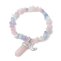 Луна Эластичные браслеты из натуральной смешанной крошки драгоценных камней, с прелестями сплава тибетский стиль, луна, внутренний диаметр: 2-1/8 дюйм (5.5 см)