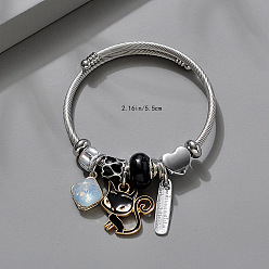 Черный Регулируемые европейские браслеты из нержавеющей стали, браслеты с подвесками для женщин, кошка, со сплавом, стразами, смолой и эмалью, чёрные, внутренний диаметр: 2-1/8 дюйм (5.5 см)