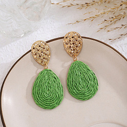 Лайм Серьги-гвоздики из рафии и железа в богемном стиле, слеза, золотые, желто-зеленые, 65x29 мм