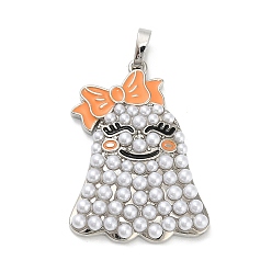 Оранжевый Подвески из латуни и эмали на Хэллоуин, призрак, с abs имитационными жемчужными бусинами , стойки покрытие, долговечный, без свинца и без кадмия, оранжевые, 31.5x23x4.5 мм, отверстие : 5x3.4 мм