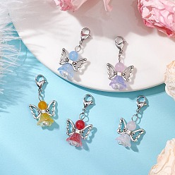 (52) Непрозрачная лаванда Подвеска из натурального и окрашенного малайзийского нефрита «ангел», Застежки-когти из сплава омара, подвески для украшений сумок, разноцветные, 35.5 мм, подвески: 22.5x18x10 мм