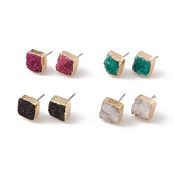 Mixed Color Natural Dyed Druzy Quartz Stud Earrings, with Brass Findings, Square, Golden, Mixed Color, 9~11x9~11x4~7mm, Pin: 0.7mm