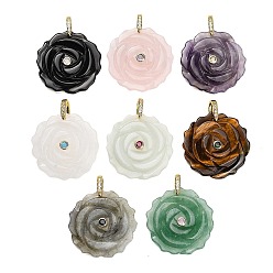 Mixed Stone Natural Mixed Gemstone Pendants, Flower Charms, with Brass Pave Cubic Zirconia Findings, Golden, 34.5~35x34~35x9mm, Hole: 6.5x9mm