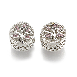 Rose Legierung Strass Perlen, hohl, Großloch perlen, flach rund mit Baum, Platin Farbe, Rose, 12x11 mm, Bohrung: 5.5 mm