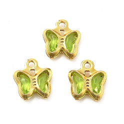 Желто-Зеленый Стеклянные прелести, бабочка, с латунной фурнитурой , долговечный, золотые, желто-зеленый, 8.5x7x2 мм, отверстие : 1 мм