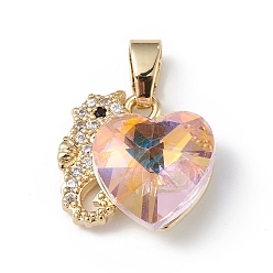 Pink Real 18K Gold Plated Rack Plating Brass Micro Pave Cubic Zirconia Pendants, with Glass, Long-Lasting Plated, Cadmium Free & Lead Free, Sea Horse with Heart, Pink, 16.5x15.5x8mm, Hole: 5x3mm