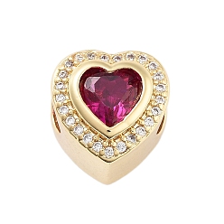 Темно-Розовый Покрытие стойки в форме сердца, латунные микропаве, кубический цирконий, европейские бусины, бусины с большим отверстием, без кадмия и без свинца, долговечный, реальный 18 k позолоченный, темно-розовыми, 11x11x10 мм, отверстие : 4.5 мм