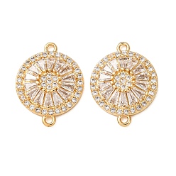 Real 18K Gold Plated Brass Pave Clear Cubic Zirconia Connector Charms, Flat Round Links, Rack Plating, Long-Lasting Plated, Cadmium Free & Lead Free, Real 18K Gold Plated, 19x15x4mm, Hole: 1.2mm