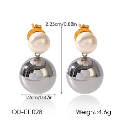 Golden & Stainless Steel Color Two Tone 304 Stainless Steel & Plastic Pearl Stud Dangle Earrings, Round, Golden & Stainless Steel Color, 22.5x12mm