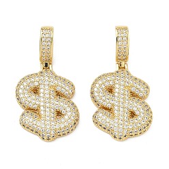 Другие Латунные микро проложить кубического циркония подвески, долговечный, стойки покрытие, без свинца и без кадмия, реальный 18 k позолоченный, нам знак доллара, 26x16x4.5 мм, отверстие : 8x5 мм