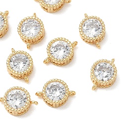 Real 18K Gold Plated SHEGRACE Brass Pave Clear Cubic Zirconia Flat Round Connector Charms, Cadmium Free & Nickel Free & Lead Free, Long-Lasting Plated, Real 18K Gold Plated, 9x6x3mm, Hole: 0.8mm