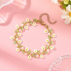 Light Green Flower Seed Bead Beaded Bracelet Sets with Natural Rose Quartz for Women, Golden, Light Green, 7.48 inch(19cm)