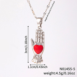 Красный Старинные латунные ожерелья с подвеской в виде руки с эмалью «Хамса», с четким кубического циркония, платина, красные, 15.75 дюйм (40 см)