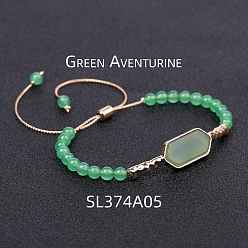 Green Aventurine Natural Green Aventurine Hexagon Link Bracelet, Braided Bead Adjustable Bracelet, 5-7/8~11 inch(15~28cm)
