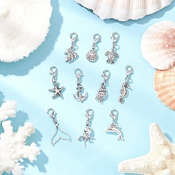 Античный Серебристый & Платиновый Морские животные тибетский стиль сплав подвески украшения, с карабин-лобстерами , старинное серебро и платина, 26.5~35.5 мм, 10 шт / комплект