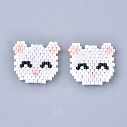 White Handmade Seed Beads Pendants, with Elastic Thread, Loom Pattern, Cat Shape, White, 18~19x19~20x1.5mm
