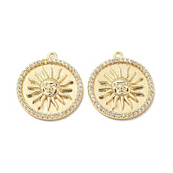Real 18K Gold Plated Brass Micro Pave Cubic Zirconia Pendants, Cadmium Free & Nickel Free & Lead Free, Flat Round with Sun, Real 18K Gold Plated, 19x17x2mm, Hole: 1mm