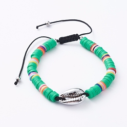 Spring Green Handmade Polymer Clay Braided Beads Bracelets, with Electroplated Cowrie Shell Beads, Brass Beads and Nylon Thread, Spring Green, 2-3/8 inch~3-1/8 inch(6.1~8cm)
