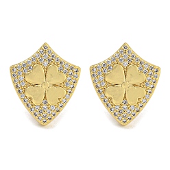 Клевер Серьги-пусеты из латуни с микропаве и прозрачным фианитом, без кадмия и без свинца, реальный 18 k позолоченный, клевер, 16.5x14 мм