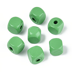 Зеленый лайм Спрей окрашены деревянные бусины, квадратный, зеленый лайм, 10x10x10 мм, отверстие : 3 мм