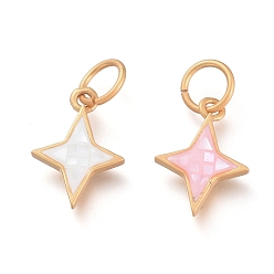 Mixed Color Natural Shell Charms, with Brass Findings and Jump Rings, Star, Matte Style, Matte Gold Color, Mixed Color, 14x10x2.2mm, Hole: 4.5mm