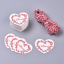 White Paper Gift Tags, Hange Tags, For Arts and Crafts, with Cotton Cords, for Valentine's Day, Heart with Word Sweet, White & Red, 40x45x0.5mm, 50pcs/set