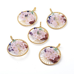 Смешанные камни Природные каменные смешанные подвески, с золотыми тонами латунных находок и цветочными акриловыми бусинами, плоско-круглые, 62~66x50~52x10~15 мм, отверстие : 4 мм