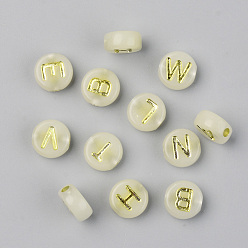 Pale Green Luminous Acrylic Beads, Metal Enlaced, Horizontal Hole, Flat Round with Letter, Pale Green, 9.5x4.5mm, Hole: 2mm, 1580pcs/500g