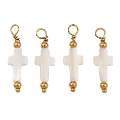 Real 18K Gold Plated Natural Freshwater Shell Pendants, Cross Charm, with 304 Stainless Steel Findings, Ion Plating(IP), Long-Lasting Plated, Real 18K Gold Plated, 24.5~25.5x7.5x2~2.5mm, Hole: 2.5mm