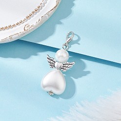 Античный Серебристый & Платиновый 50шт. АБС-пластик, имитация жемчуга и стеклянный жемчуг, подвеска в форме сердца в виде ангела, украшения, с крыльями из сплава и застежками-клешнями, белые, старинное серебро и платина, 49 мм, Кулон : 38x22x10 мм