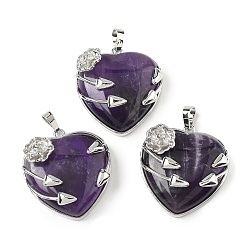 Аметист Сердечные подвески из натурального аметиста, латунные цветочные обертки для любви, платина, 35x32x11.5 мм, отверстие : 8x5 мм