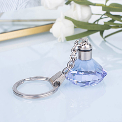 Lilac Diamond Shape Faceted Glass Keychain, with Platinum Plated Iron Split Key Rings, Lilac, 96mm, Pendants: 30.5x30mm
