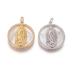 (52) Непрозрачная лаванда Латунные подвески, с микро проложить кубического циркония, раковины и прыжковые кольца, плоские круглые с Девой Марией, прозрачные, разноцветные, 25x22x3 мм, отверстие : 3 мм