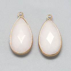Creamy White Natural White Jade Pendants, with Golden Tone Brass Findings, Faceted, teardrop, Dyed, Creamy White, 32.5~33x16x6mm, Hole: 2.5mm
