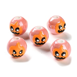 Оранжевый Фарфоровые бусины ручной работы, рождественские темы, круглые, пастельный фарфор, оранжевые, 9.5~10x9~9.5 мм, отверстие : 1.5 мм