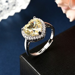 Сердце Регулируемые 925 кольца-манжеты из стерлингового серебра с микропаве из кубического циркония для женщин, Реальная платина, сердце, размер США 7 1/4 (17.5 мм), Сердце: 13x13.5 mm