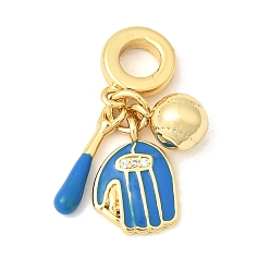 Синий Латунь микропаве прозрачный кубический цирконий европейские подвески с подвесками, Подвески в виде бейсбольной биты, перчатки, с большим отверстием, с эмалью., долговечный, без кадмия и без свинца, стойки покрытие, реальный 18 k позолоченный, синие, 25.5 мм, отверстие : 5 мм