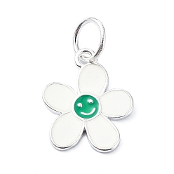 Зеленый 925 Подвески с цветами и улыбающимся лицом из стерлингового серебра с эмалью, с прыгающими кольцами и 925 штампом, серебряный цвет гальваническим, зелёные, 14.5x12x1 мм, отверстие : 4 мм
