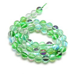 Spring Green Synthetic Moonstone Beads Strands, Dyed, Holographic Beads, Half AB Color Plated, Round, Spring Green, 8mm, Hole: 1mm, about 49pcs/strand, 15 inch