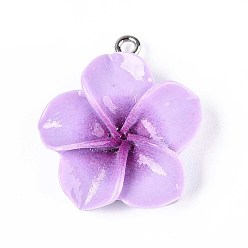 Сливовый Непрозрачные подвески смолы, плюмерия, с платиновым тоном железная петля, слива, 27~28x24~25x6.5~8 мм, отверстие : 2 мм