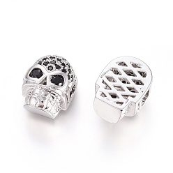 Real Platinum Plated Brass Micro Pave Cubic Zirconia Beads, Long-Lasting Plated, for Halloween, Skull Head, Black, Real Platinum Plated, 12.5x9.5x7mm, Hole: 2x2.5mm