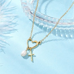 Золотой Ожерелья в форме сердца с крестом из нержавеющей стали и искусственного жемчуга ABS для женщин, золотые, 15.75 дюйм (40 см)