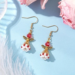 Красный Серьги-подвески из стеклянных бусин ручной работы в виде ангела для женщин, 304 нержавеющей стали серьги крюков, античное золото , красные, 44x14 мм