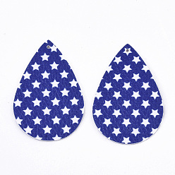 Blue Independence Day Theme, PU Leather Big Pendants, Double Sided, teardrop, with Star Pattern, Blue, 56x37x1.5mm, Hole: 1.8mm