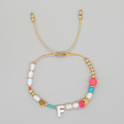 Letter F Initial Letter Natural Pearl Braided Bead Bracelet, Adjustable Bracelet, Letter F, 11 inch(28cm)
